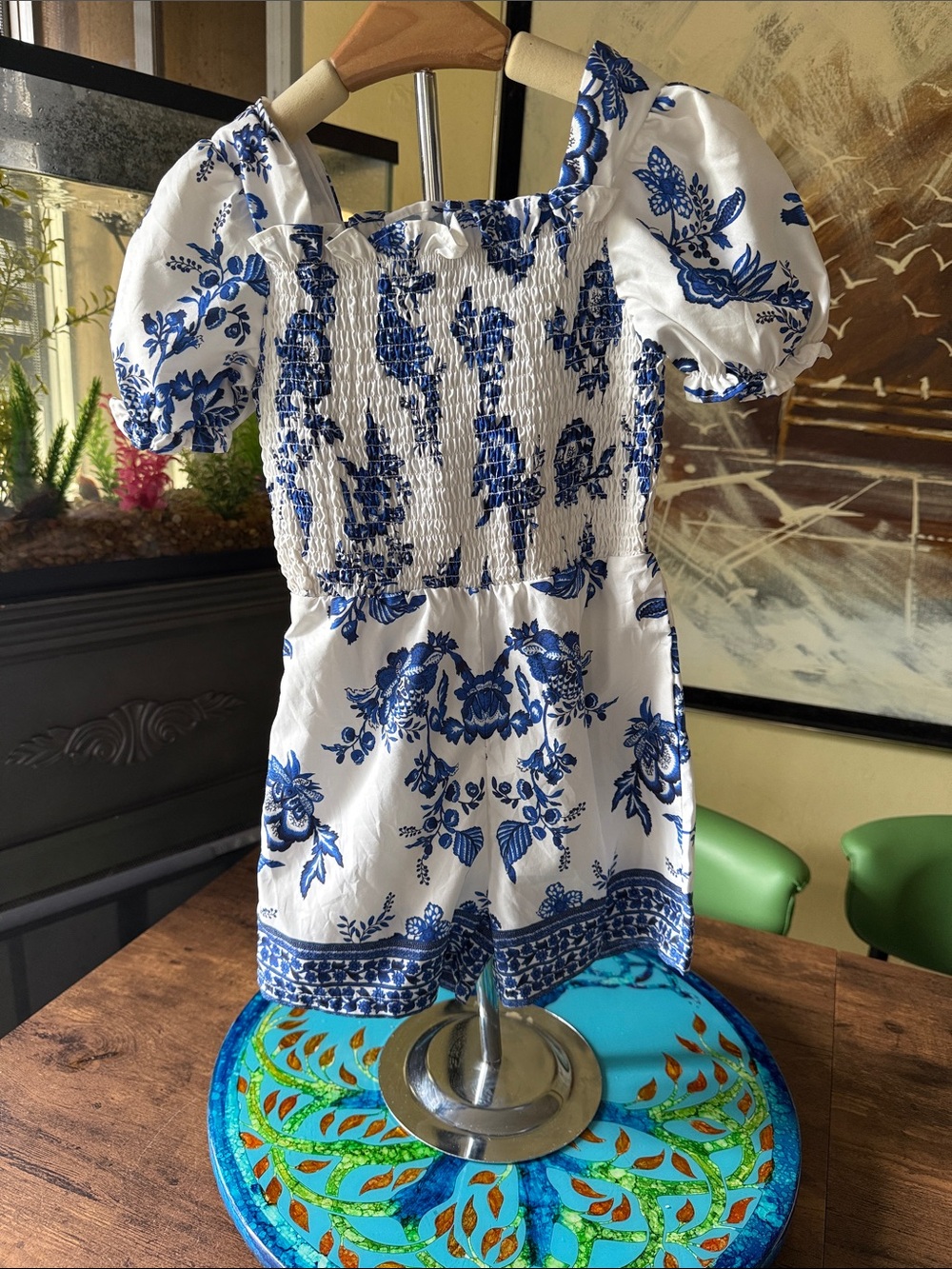 Smocked Blue & White Floral Kids One-Piece